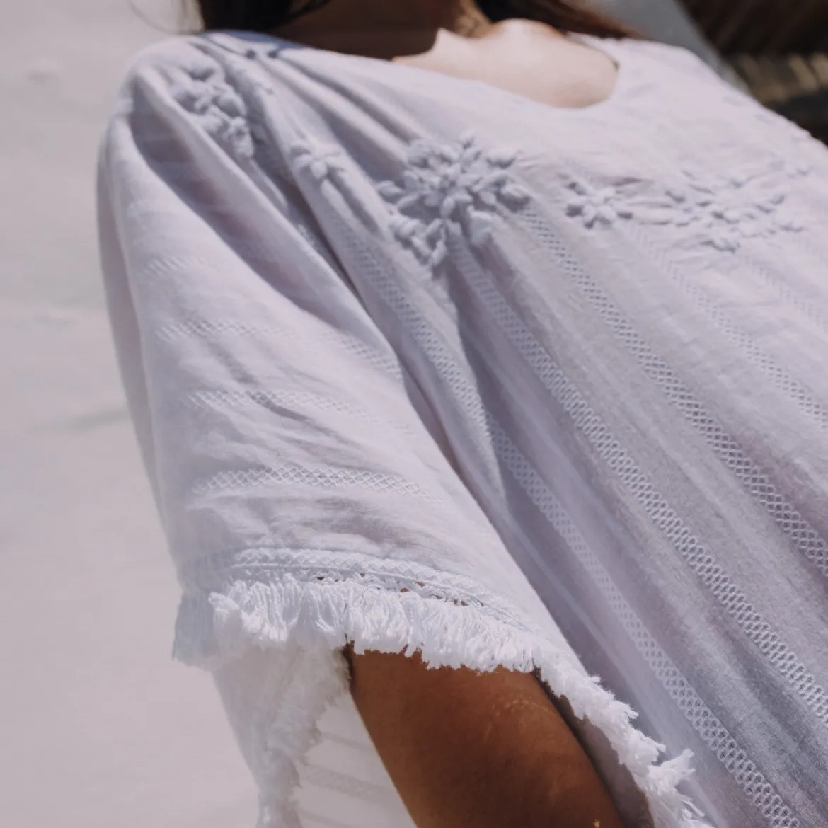 Caftán largo algodón jacquard bordado flecos Espi