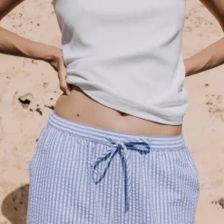 Pantalón de algodón seersucker mil rayas Lilia