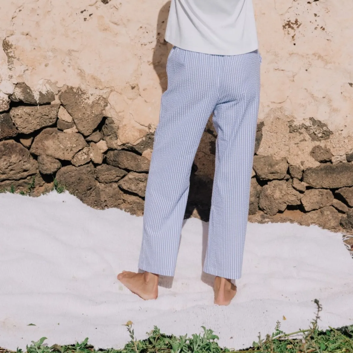 Pantalón de algodón seersucker mil rayas Lilia